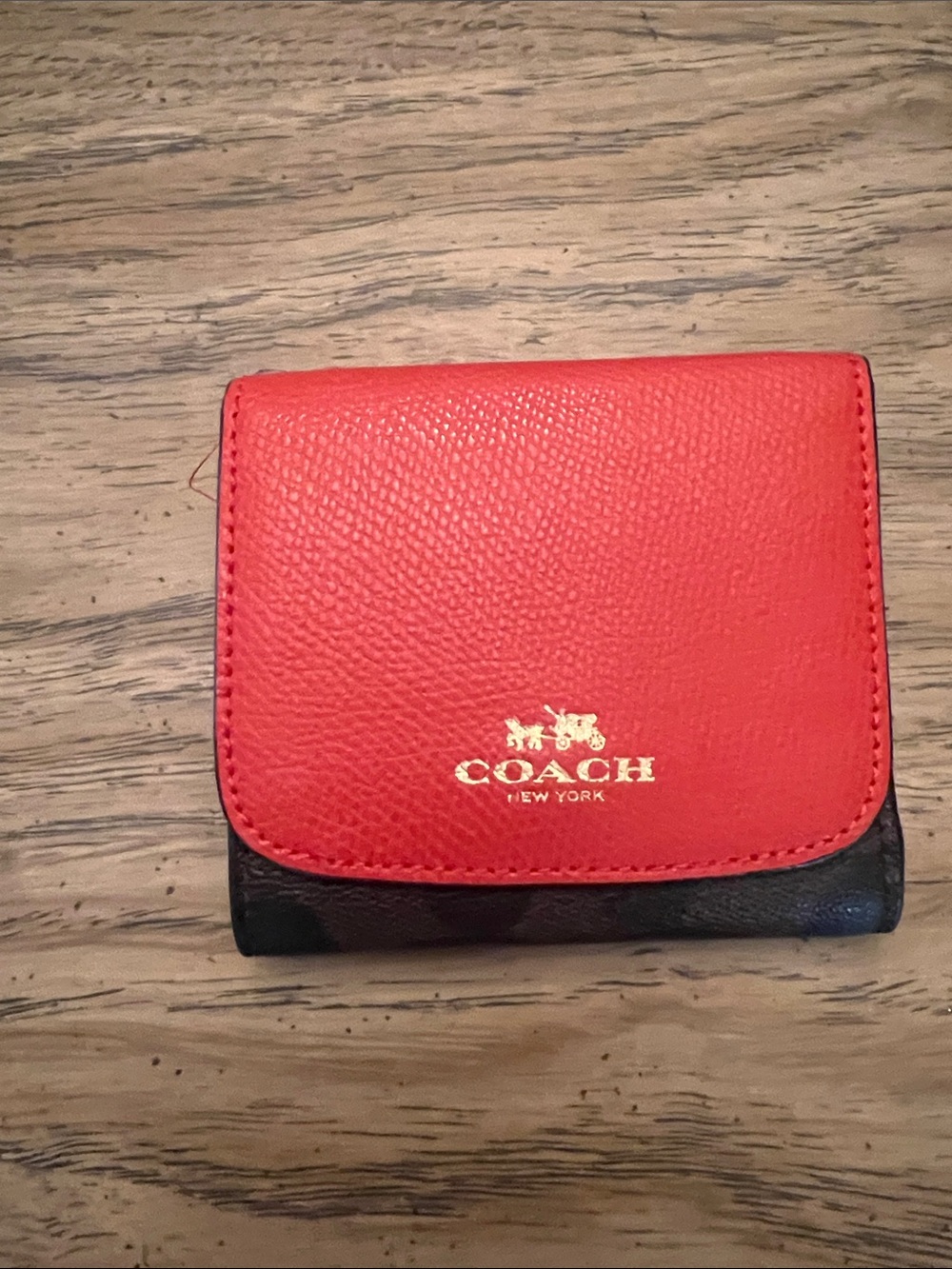 Coach Red and Brown Leather Compact Card Holder